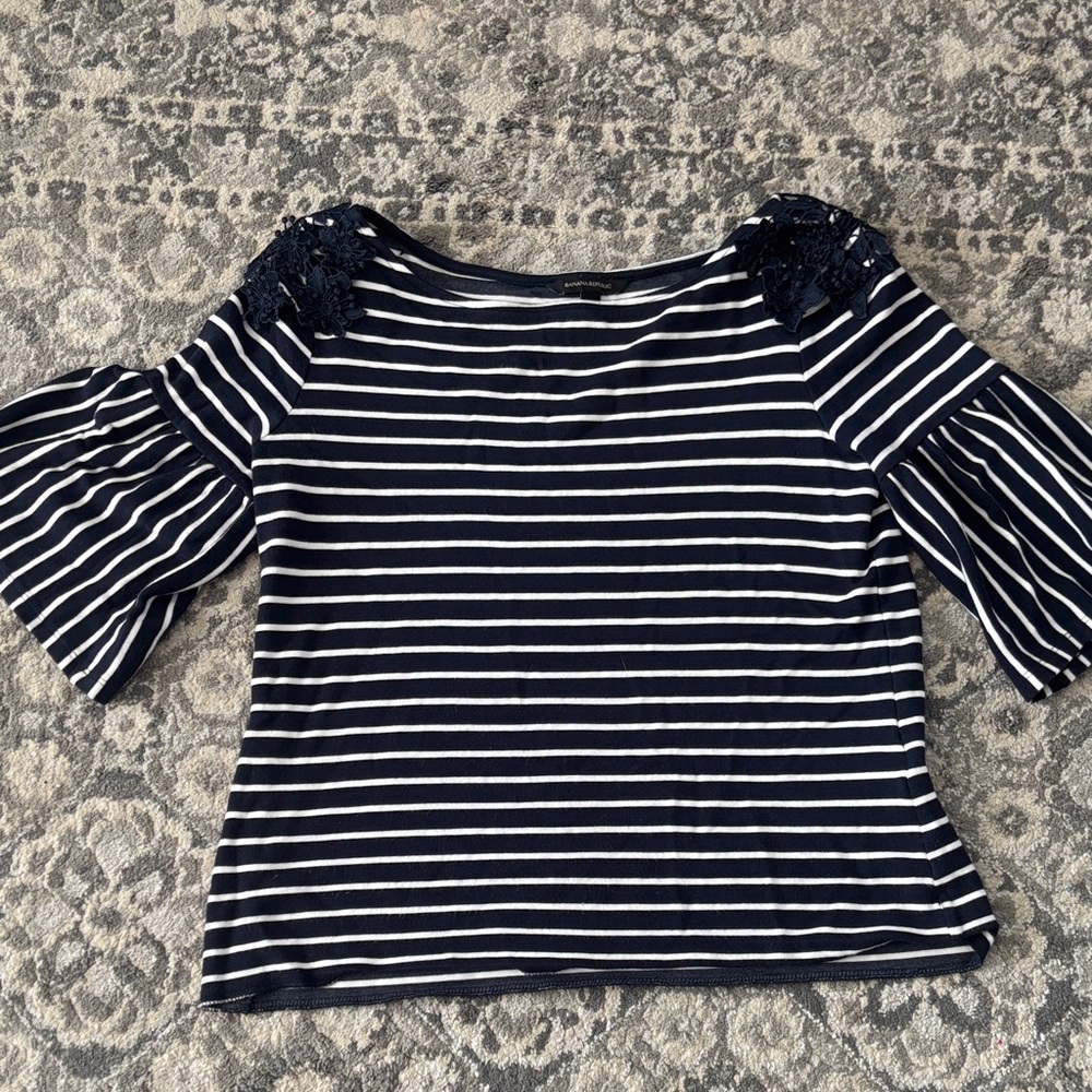 Worn Once Banana Republic Navy and White Striped Top with Lace Details